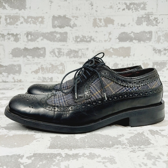 Kenneth Cole Reaction Mixed Wingtip Plaid Fabric Black Leather Oxfords O637 - Picture 1 of 12